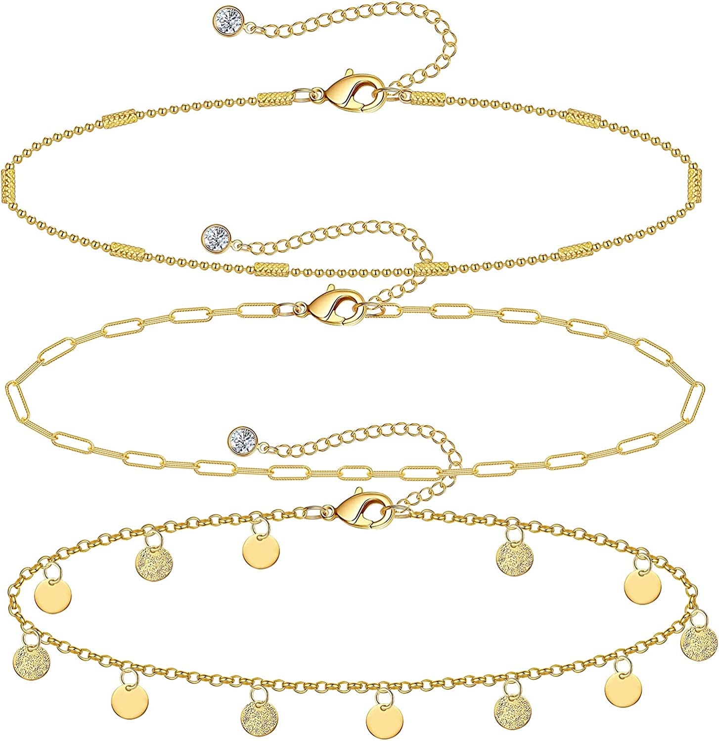 Gold Ankle Bracelets for Women 14K Gold Plated Anklet Silver Tennis Rose Quartz Cross Bead Herringbone Snake Paperclip Chain Cubic Zirconia Dainty Layered Anklet Set 3Pcs Apparel & Accessories > Jewelry > Anklets WeSparking P-Yellow Gold-Coin Chain