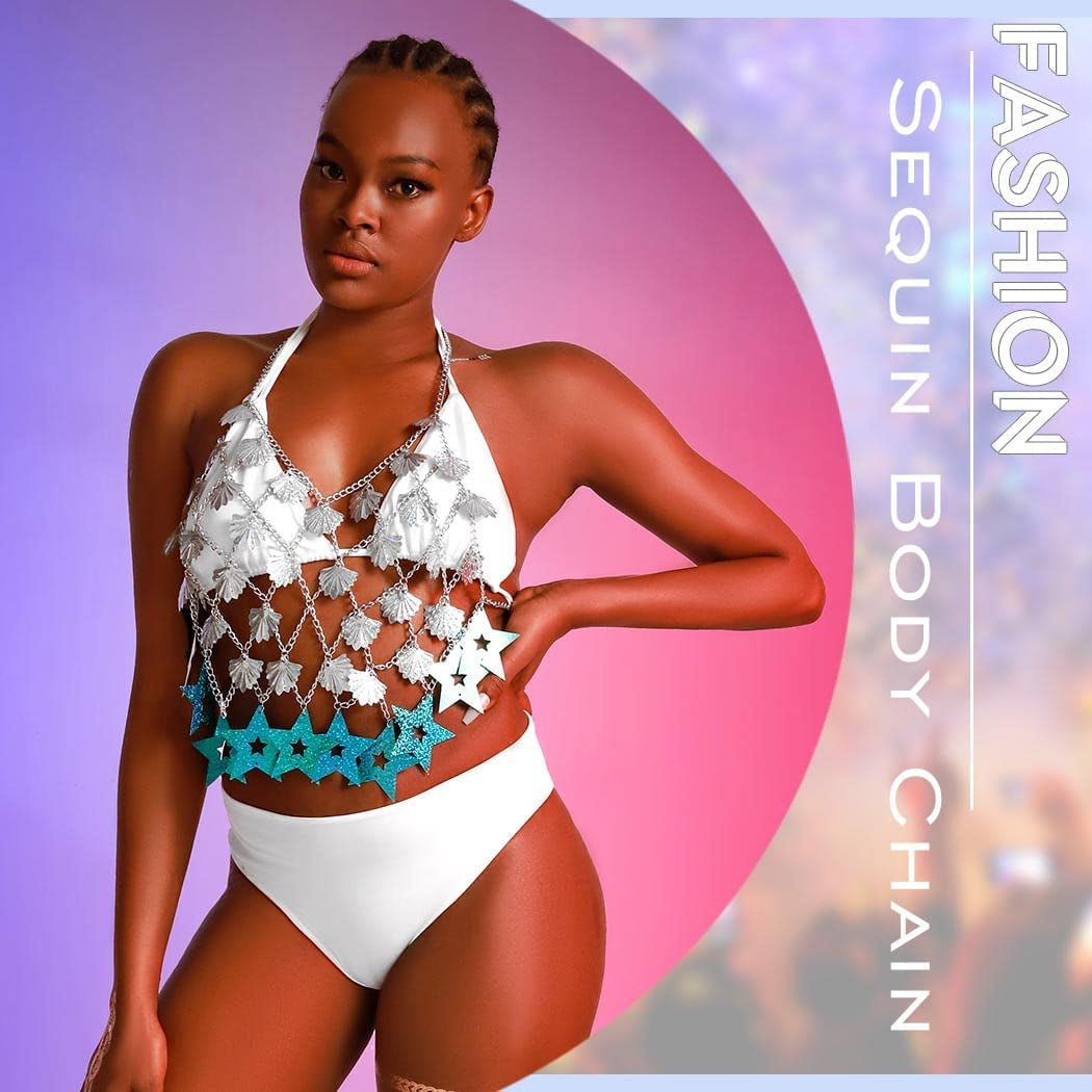 Sexy Body Chain Bikini Silver Tassel Star Sequins Bra Halter Backless Crop Top Shell Beach Party Chest Chains Jewelry for Women Apparel & Accessories > Jewelry > Body Jewelry China