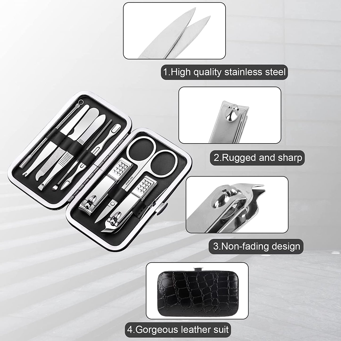 Manicure Set Nail Clipper Kit, 9 Pieces Portable Travel Nail Kit Nail Grooming Kit with Black Leather Bag Suitable for Home Outdoor Travel Gift Giving Beauty Salon Health & Beauty > Personal Care > Foot Care Tufusiur