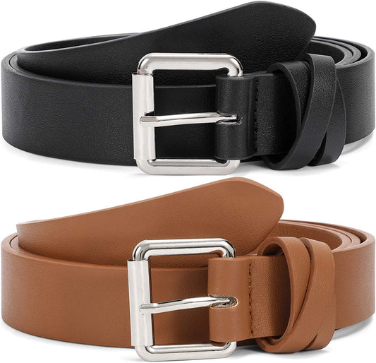 JASGOOD 2 Pack Women Leather Belt for Jeans Pants,Fashion PU Leather Belt with Alloy Buckle Apparel & Accessories > Clothing Accessories > Belts KYLIE MAX D-back+brown With Silver Buckle Suit for size 29"-33"