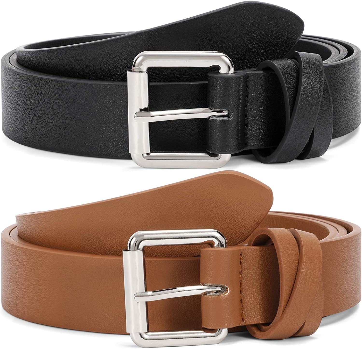 JASGOOD 2 Pack Women Leather Belt for Jeans Pants,Fashion PU Leather Belt with Alloy Buckle Apparel & Accessories > Clothing Accessories > Belts KYLIE MAX D-back+brown With Silver Buckle Suit for size 29"-33"