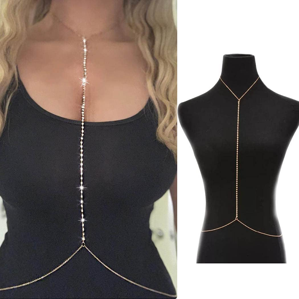 Bomine Rhinestone Body Chain Bra Crystal Bikini Body Jewelry Necklace Bikini Sexy Chains for Women and Girls (Gold) Apparel & Accessories > Jewelry > Body Jewelry Bomine