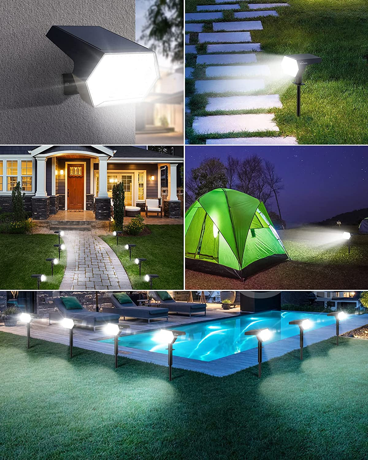 Close up of LED solar spotlight with mounting bracket