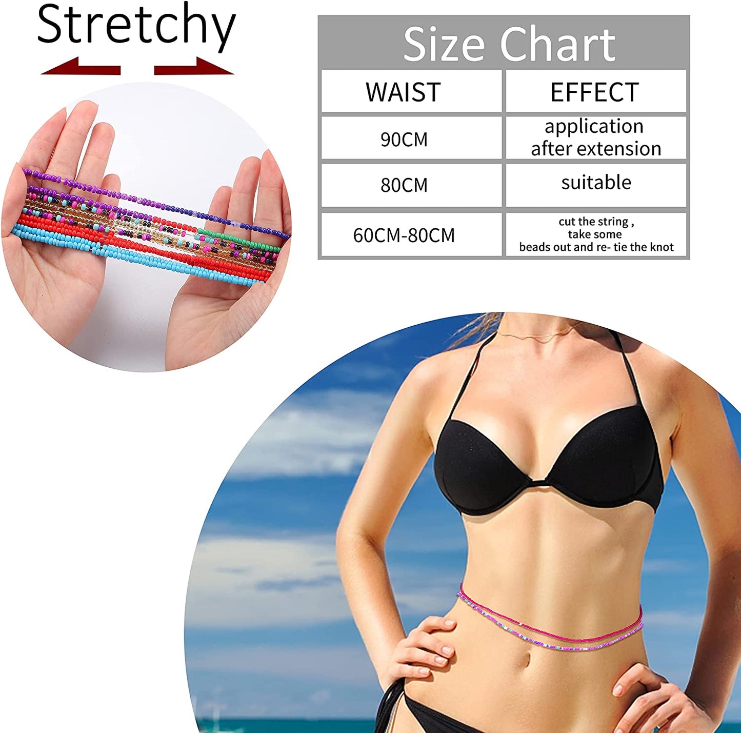 ORAZIO 32Pcs Waist Beads for Women Colorful Body Chains Set Elastic African Belly Beads Waist Beads Weight Loss Beaded Summer Bikini Jewelry Apparel & Accessories > Jewelry > Body Jewelry ORAZIO