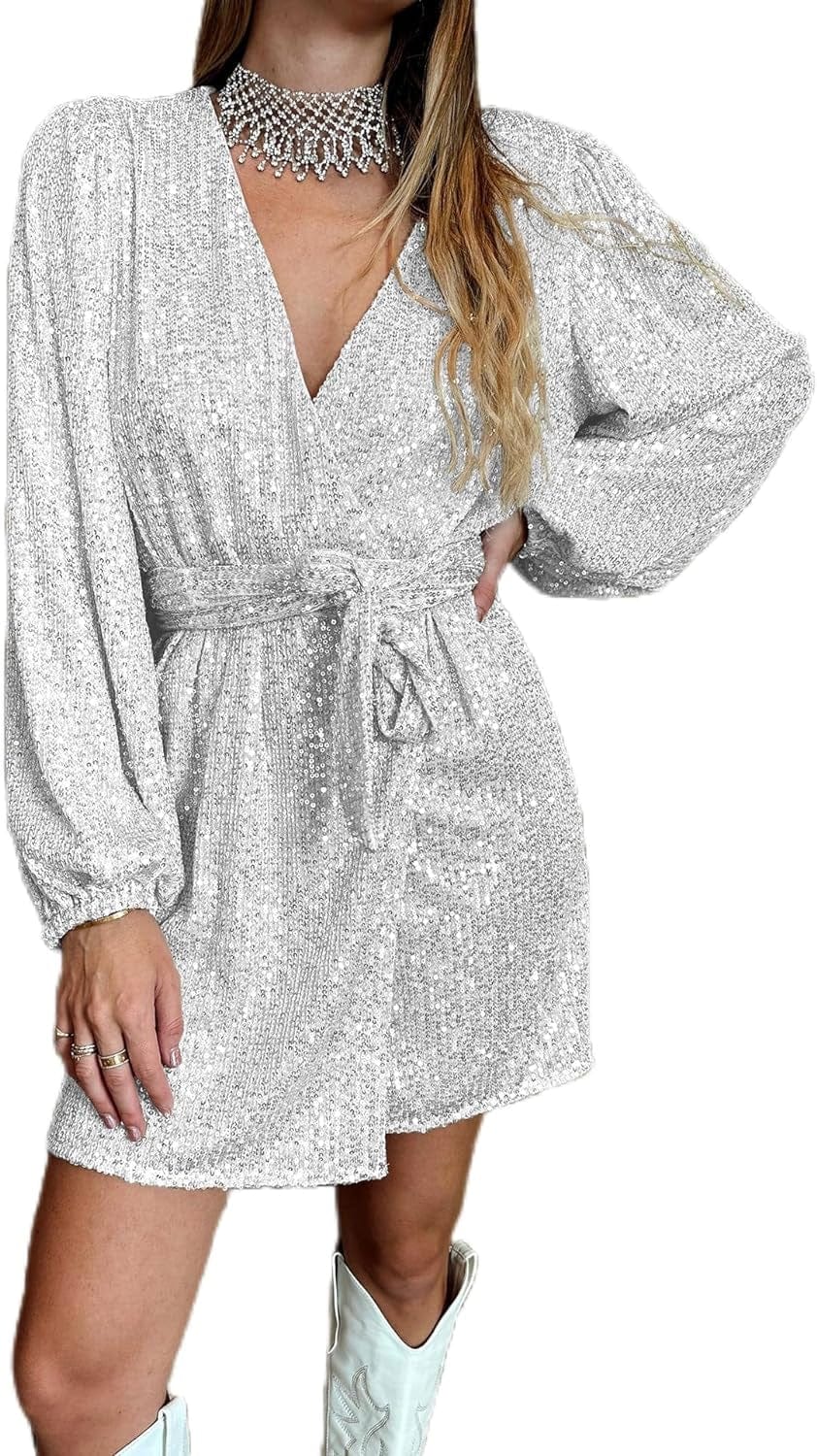 Ababalaya Sparkly Sequin Mini Wrap Dress for Women V-Neck Long Puff Sleeve Glitter Clubwear Party Outfits Wrap around Dresses Silver / X-Large