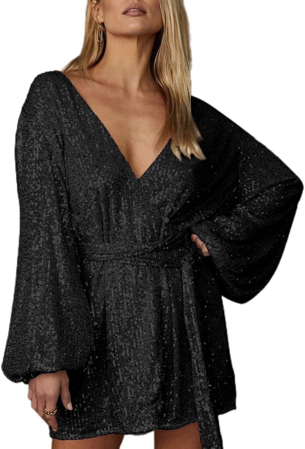 Ababalaya Sparkly Sequin Mini Wrap Dress for Women V-Neck Long Puff Sleeve Glitter Clubwear Party Outfits Wrap around Dresses Black / Small