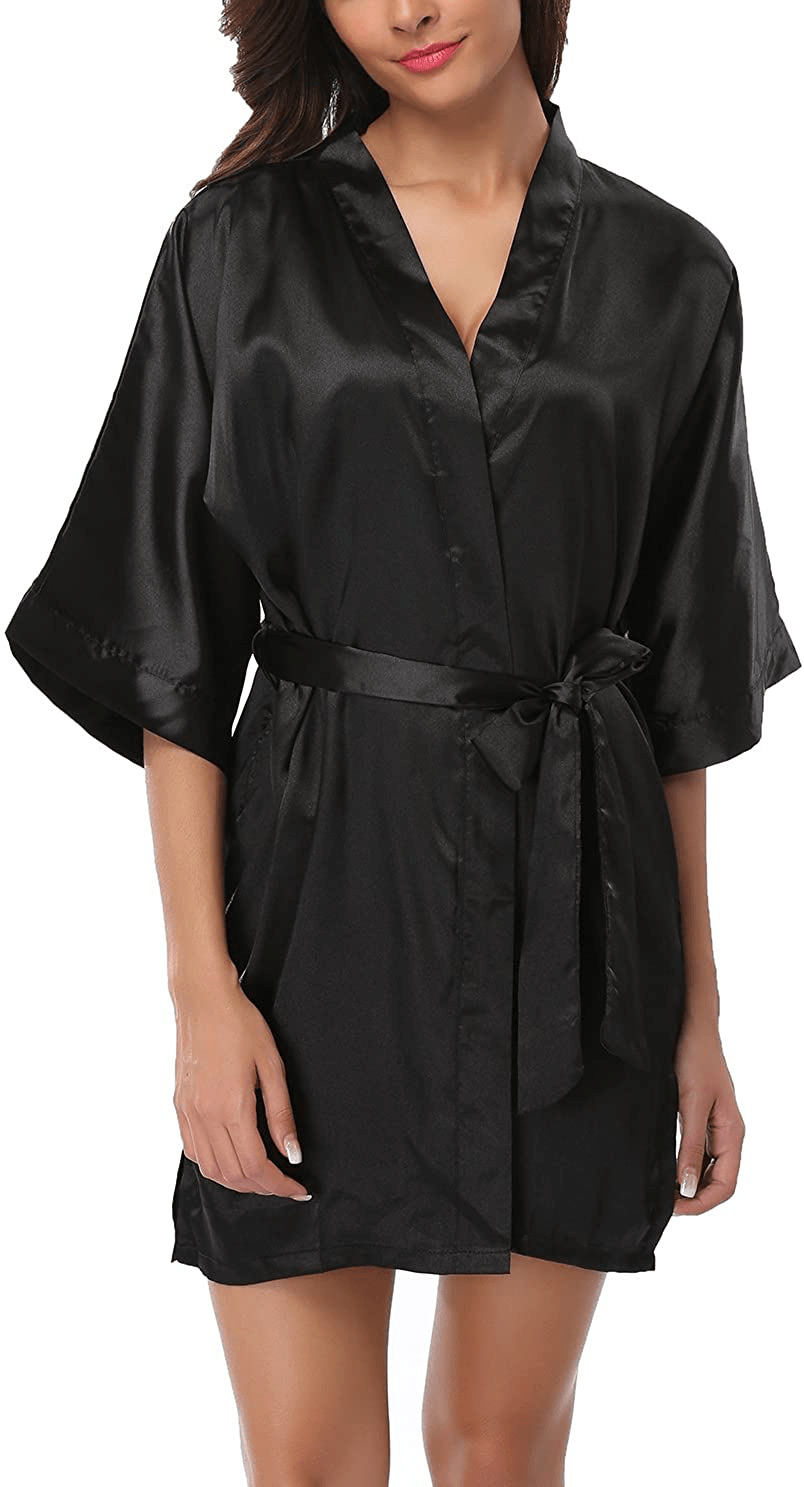 ABC-STAR Womens Short Satin Kimono Robe for Wedding Bridal Party Bridesmaid Robe Apparel & Accessories > Clothing > Sleepwear & Loungewear > Robes ABC-STAR Black Small