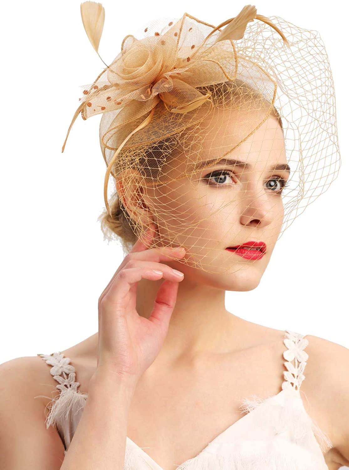 Fascinators Hats 20S 50S Hat Pillbox Hat Cocktail Tea Party Headwear with Veil for Girls and Women Apparel & Accessories > Clothing Accessories > Headwear Cizoe D-gold