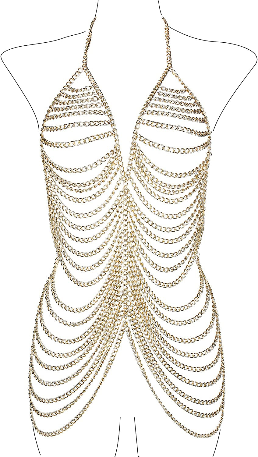 Maijiao Adjustable Gold Body Chain Set - Boho Summer Beach Bikini Belly Chain Jewelry for Women Rave Full Body Jewelry Layered Bra Chain Necklace Chain Dress Apparel & Accessories > Jewelry > Body Jewelry Maijiao Gold-7