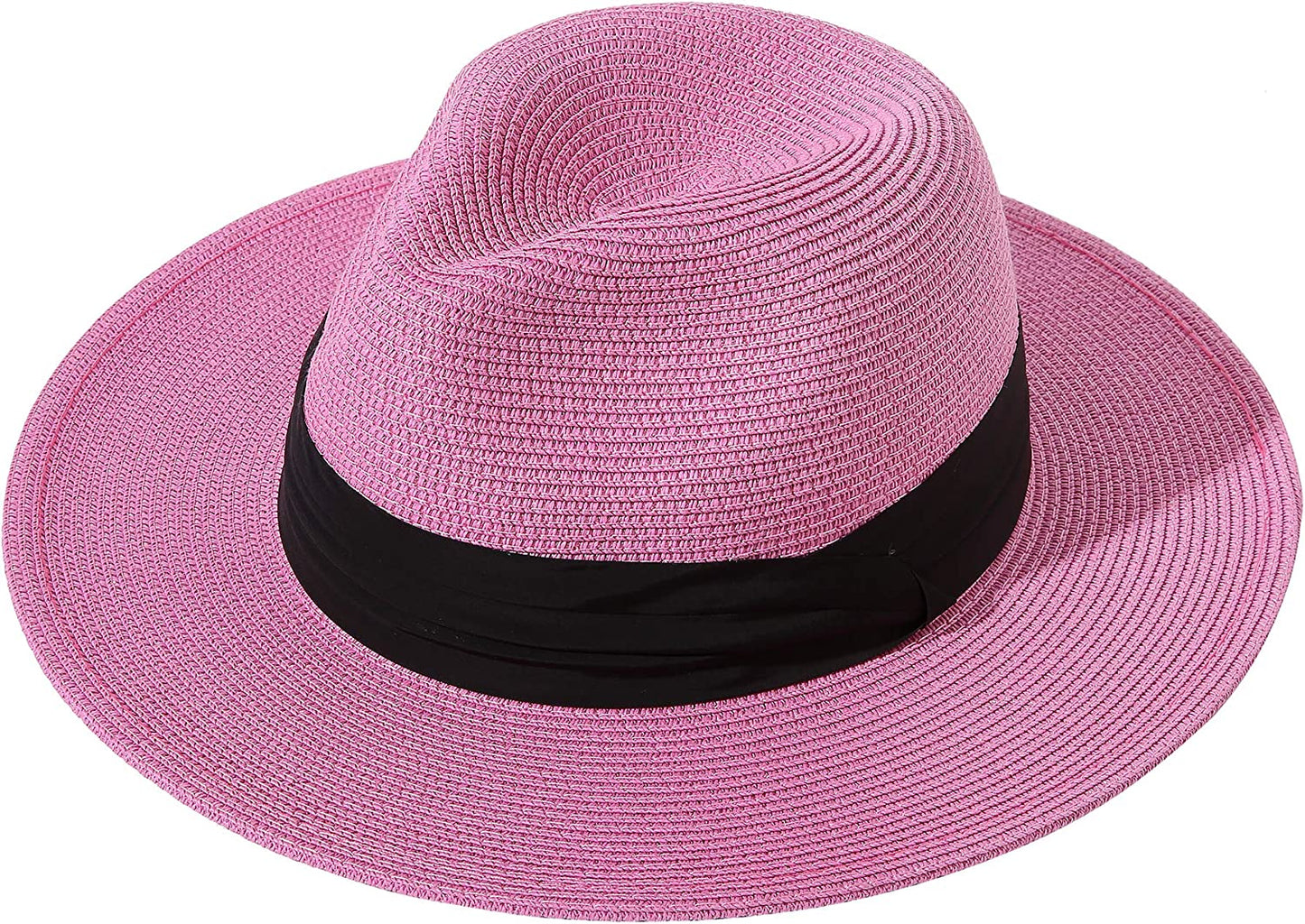 Lanzom Women Wide Brim Straw Panama Roll up Hat Belt Buckle Fedora Beach Sun Hat UPF50+ Apparel & Accessories > Clothing Accessories > Hats Lanzom Rose One Size