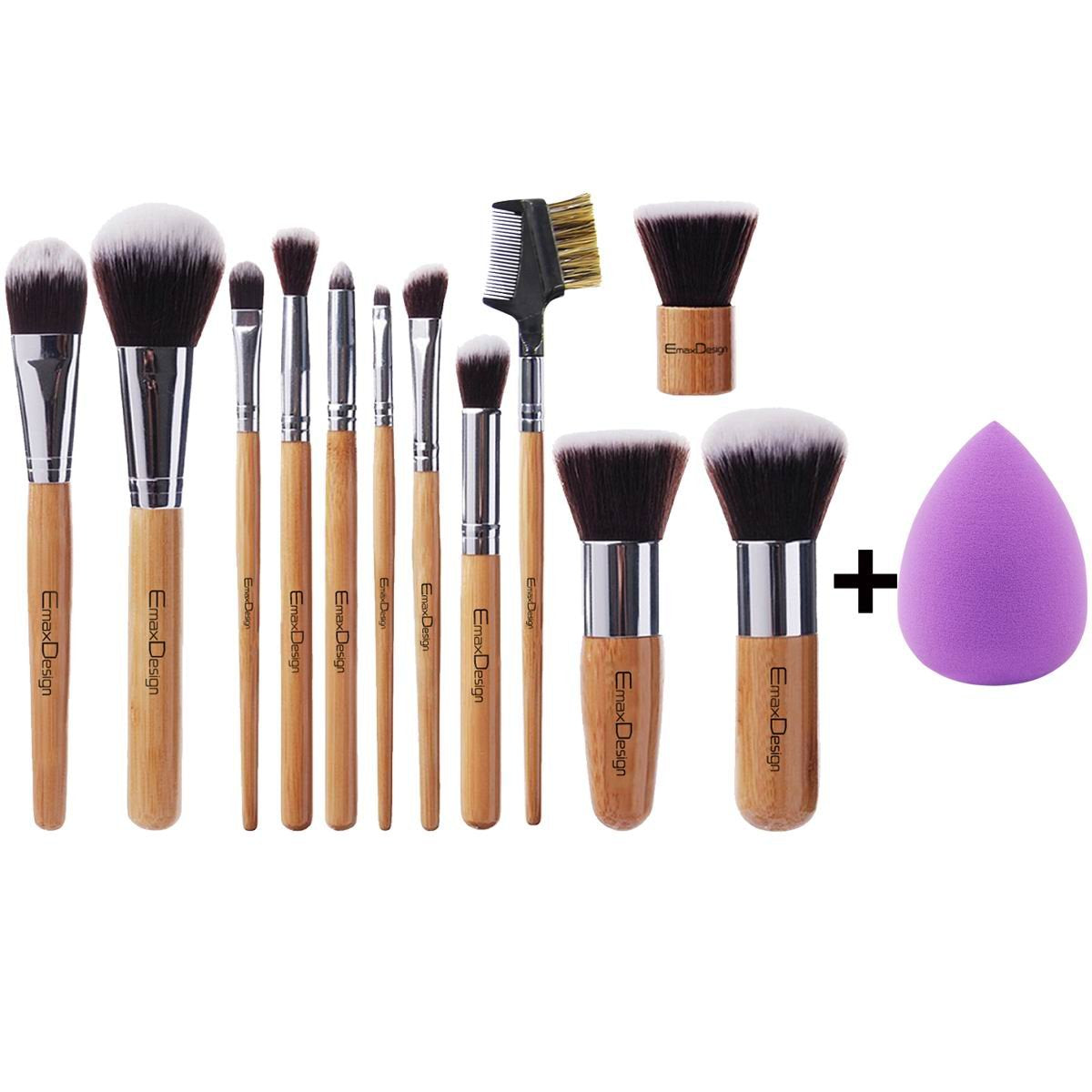 Emaxdesign 12 Pieces Makeup Brush Set Professional Bamboo Handle Premium Synthetic Kabuki Foundation Blending Blush Concealer Eye Face Liquid Powder Cream Cosmetics Brushes Kit with Bag Health & Beauty > Personal Care > Cosmetics > Cosmetic Tools > Makeup Tools EmaxDesign Bamboo Brushes + Purple Blender
