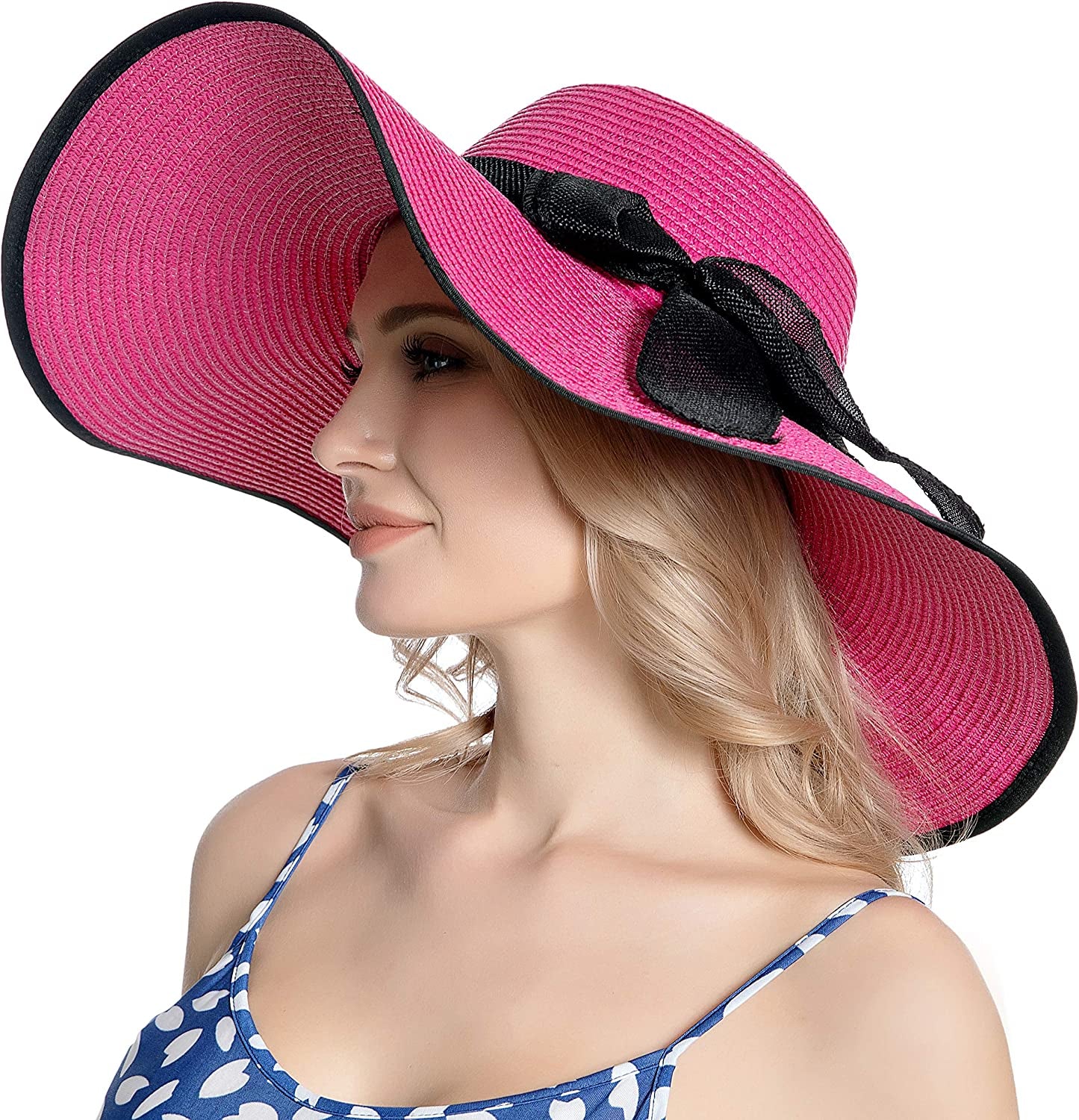 Muryobao Womens Sun Straw Hat Wide Brim UV UPF 50 Summer Hat Foldable Roll up Floppy Beach Cap for Women Apparel & Accessories > Clothing Accessories > Hats Muryobao Rose Red