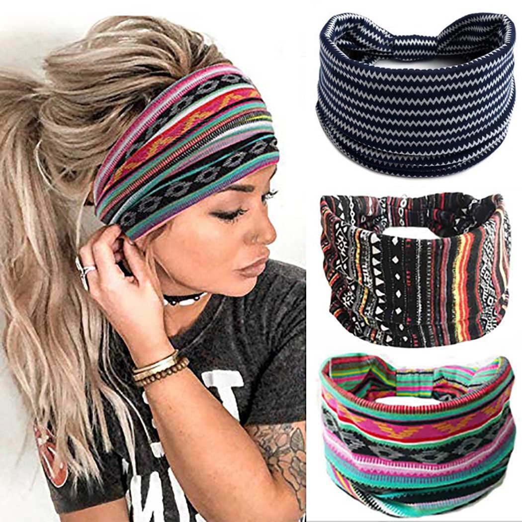 Earent Boho African Headbands Yoga Wide Knot Hair Bands Sweat Printed Headwraps Elastic Turban Headscarfs Multicolor Headwear Outdoor Hair Accessories for Women and Girls (Z-Black) Apparel & Accessories > Clothing Accessories > Headwear Earent Wide stripes