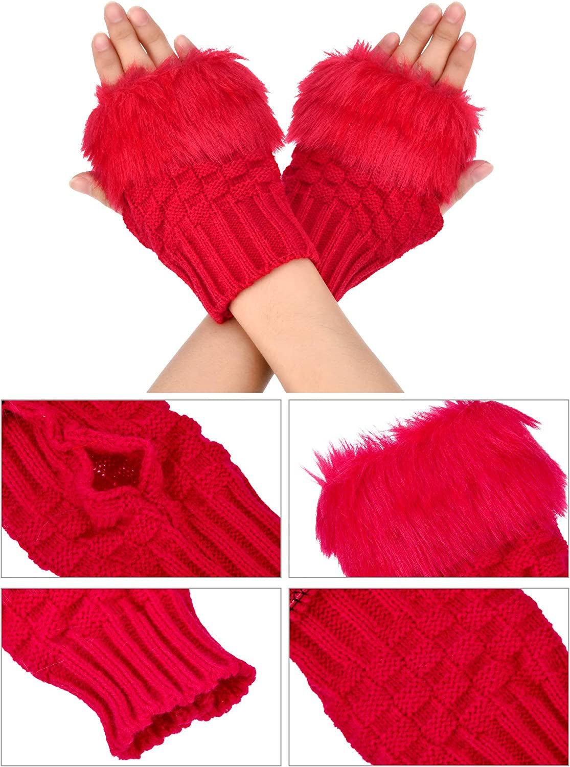 Boao 2 Pairs Fingerless Winter Gloves Short Touchscreen Gloves Thumb Hole Mittens Knitted Warm Gloves with Faux Fur Apparel & Accessories > Clothing Accessories > Gloves & Mittens Boao