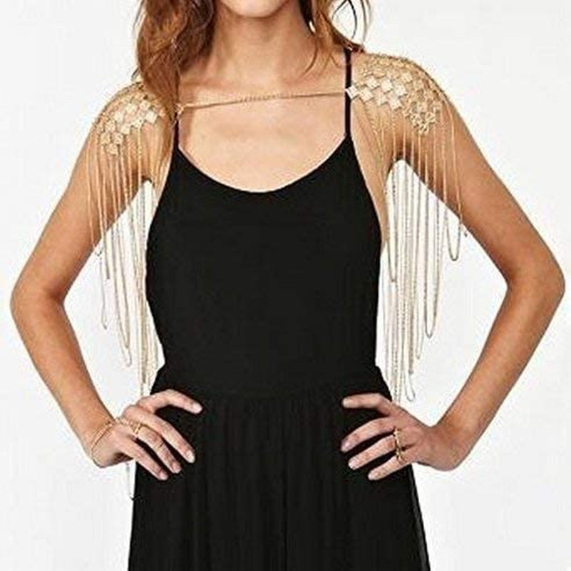 Chrontier Harness Body Chain Link Epaulet Shoulder Chain Necklace Collar Dangling Tassels for Bridal Women Prom Party Wedding Dress Accessory Silver Tone Apparel & Accessories > Jewelry > Body Jewelry Chrontier