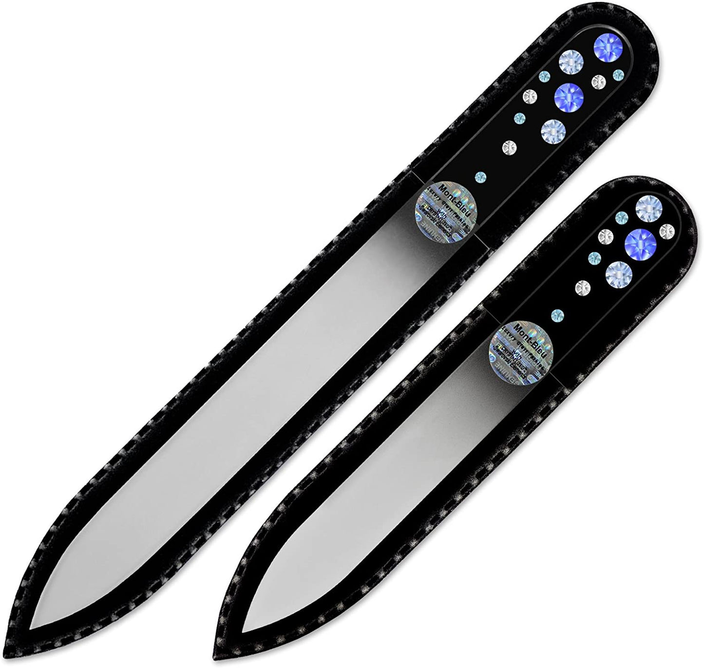 Gifts for Girlfriend - Mont Bleu Premium Set of 2 Glass Nail Files Hand Decorated with Crystals - Genuine Czech Tempered Glass - Nail Supplies - Crystal Nail Files for Manicure Tool Kit Health & Beauty > Personal Care > Cosmetics > Cosmetic Tools > Nail Tools Mont Bleu Sapphire - Light Sapphire