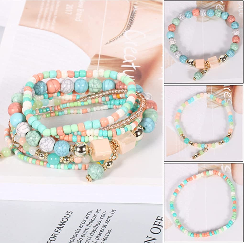 SAMOCO 9 Sets Bohemian Stackable Bead Bracelets for Women Stretch Multilayered Bracelet Set Multicolor Jewelry Apparel & Accessories > Jewelry > Bracelets SAMOCO