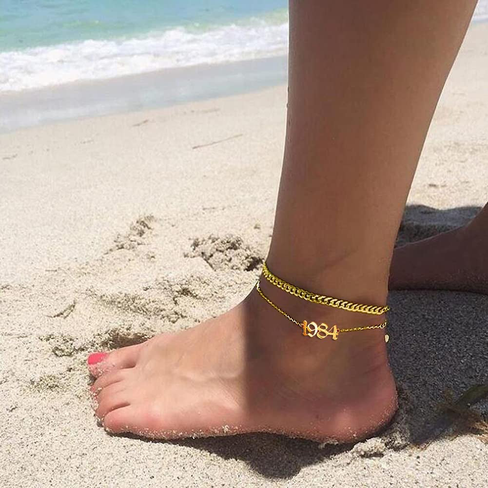QJLE Ankle Bracelets for Women,Personalized Birth Year Number Gold Anklets for Women,Summer Beach Foot Chain Dainty Anklet Jewelry Birthday Gifts for Her Apparel & Accessories > Jewelry > Anklets QJLE