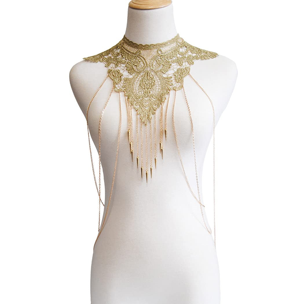Canb Gold Body Chain Necklace Lace Body Harness Layered Crossover Festival Body Jewelry for Women and Girls (Style2) Apparel & Accessories > Jewelry > Body Jewelry CanB Style1