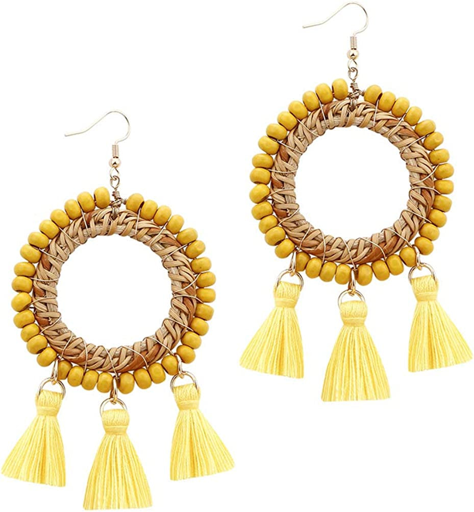 Bohemian Rattan Wooden Beads Fish Hook Circle/Teardrop Earrings Dangle Drop Jewelry for Women Girls Apparel & Accessories > Jewelry > Earrings VEETOO Round Yellow