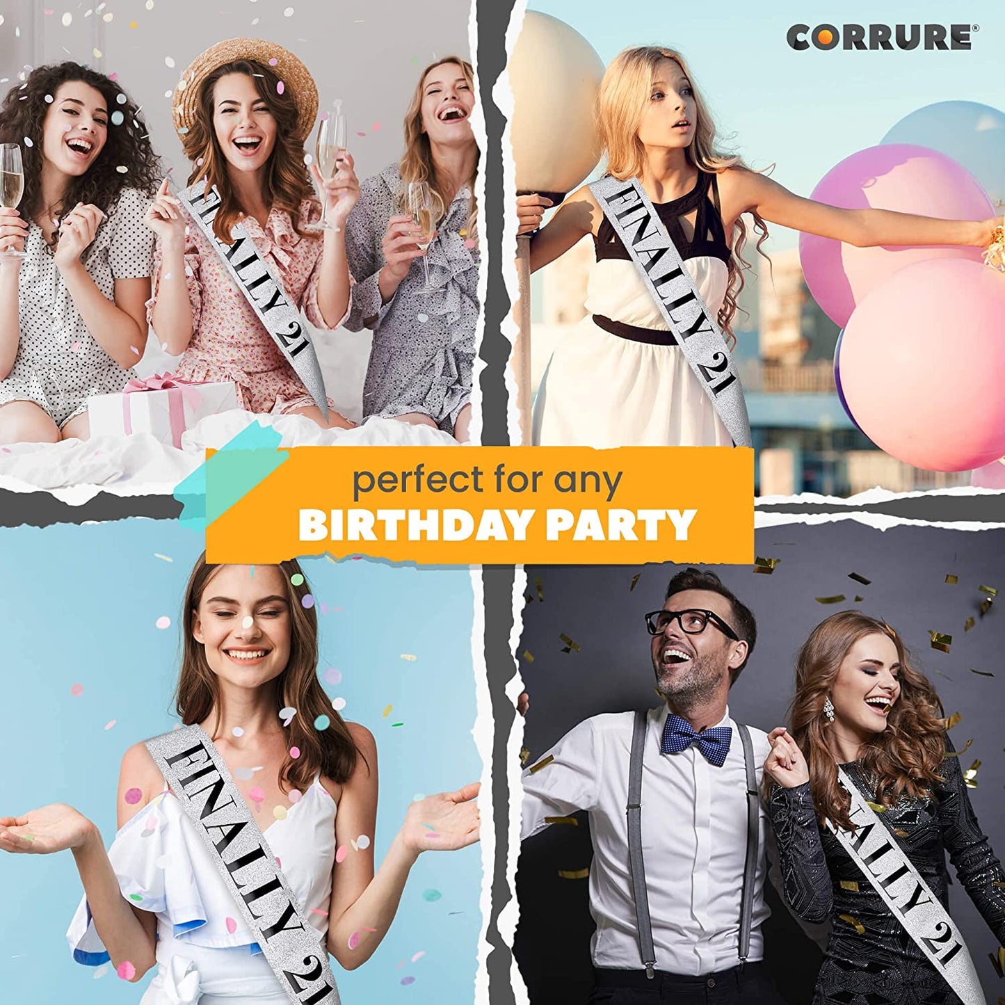 CORRURE 'Finally 21' Birthday Sash with Glitter - Silver Sash with Black Foil 21St Birthday Sash for Men and Women - Ideal Twenty One Sash Party Favors Supplies and Decorations for Your 21 Bday Party Apparel & Accessories > Clothing Accessories > Sashes CORRURE
