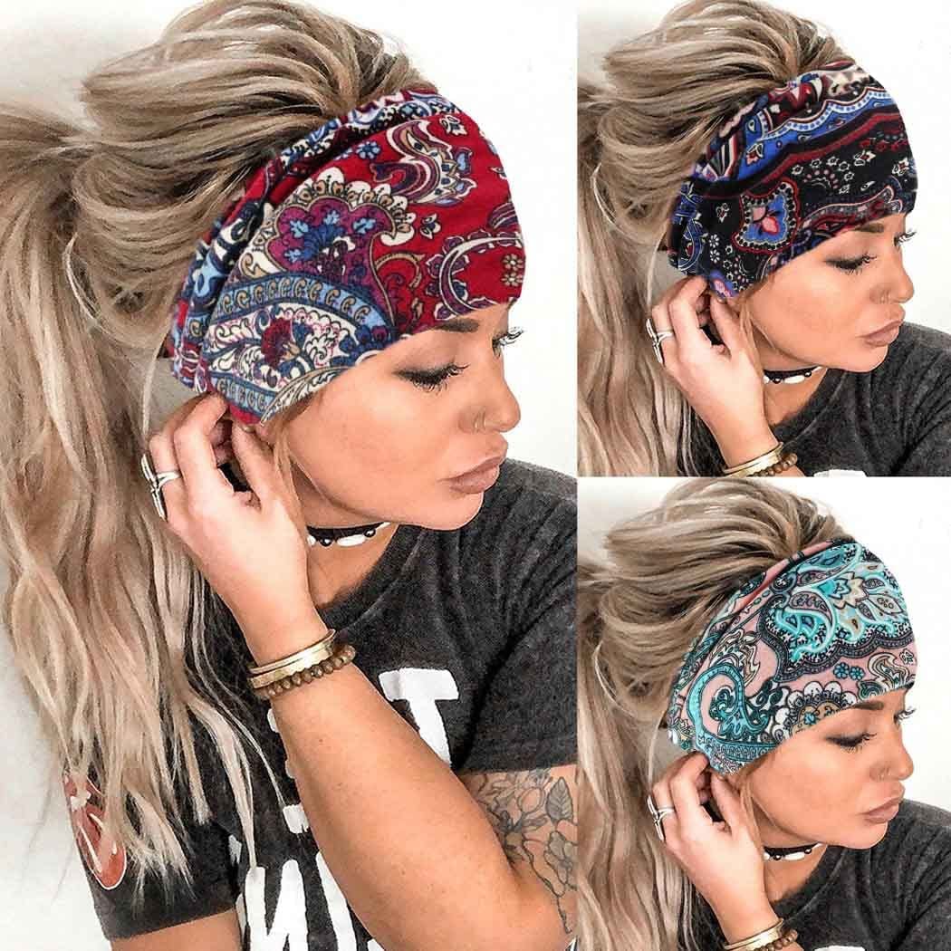 Aceorna Boho Headbands Wide Knot Hair Band Elastic Turban Head Band Stretch Leopard Twist Head Wraps Cloth Yoga Sweartband Fashion Hair Accessories for Women and Girls 3 Pcs (Set A) Apparel & Accessories > Clothing Accessories > Bandanas & Headties Aceorna Set F