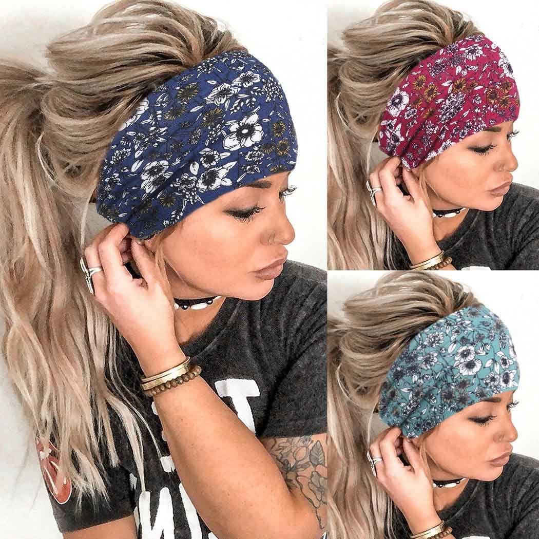 Aceorna Boho Headbands Wide Knot Hair Band Elastic Turban Head Band Stretch Leopard Twist Head Wraps Cloth Yoga Sweartband Fashion Hair Accessories for Women and Girls 3 Pcs (Set A) Apparel & Accessories > Clothing Accessories > Bandanas & Headties Aceorna Set E