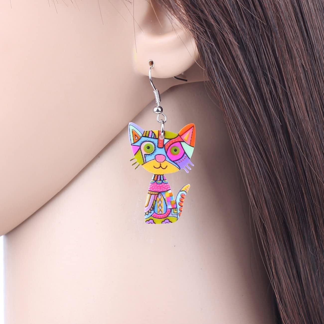Acrylic Drop Cat Earrings Pets Funny Design 7 Color Lovely Gift for Girl Women by the Bonsny