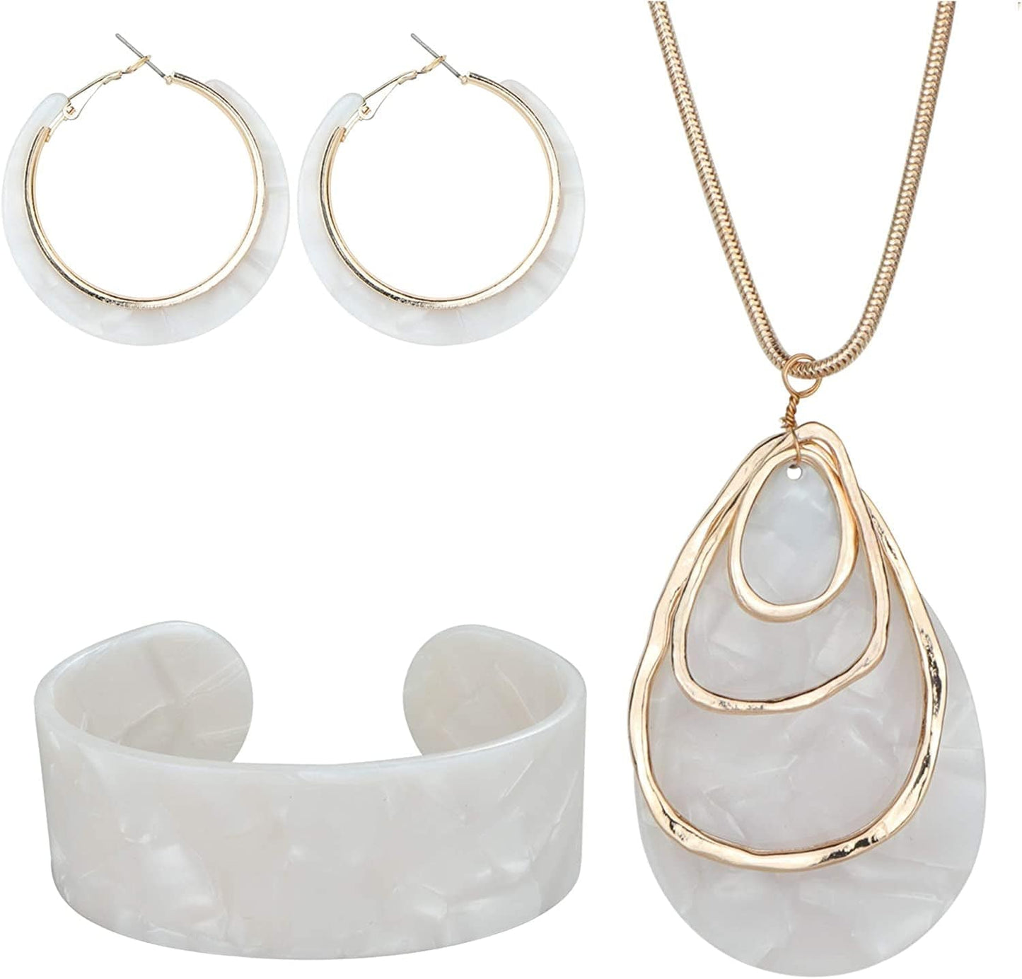 Acrylic Jewelry Set for Women Statement Boho Resin Earrings Necklace Bracelet D:White