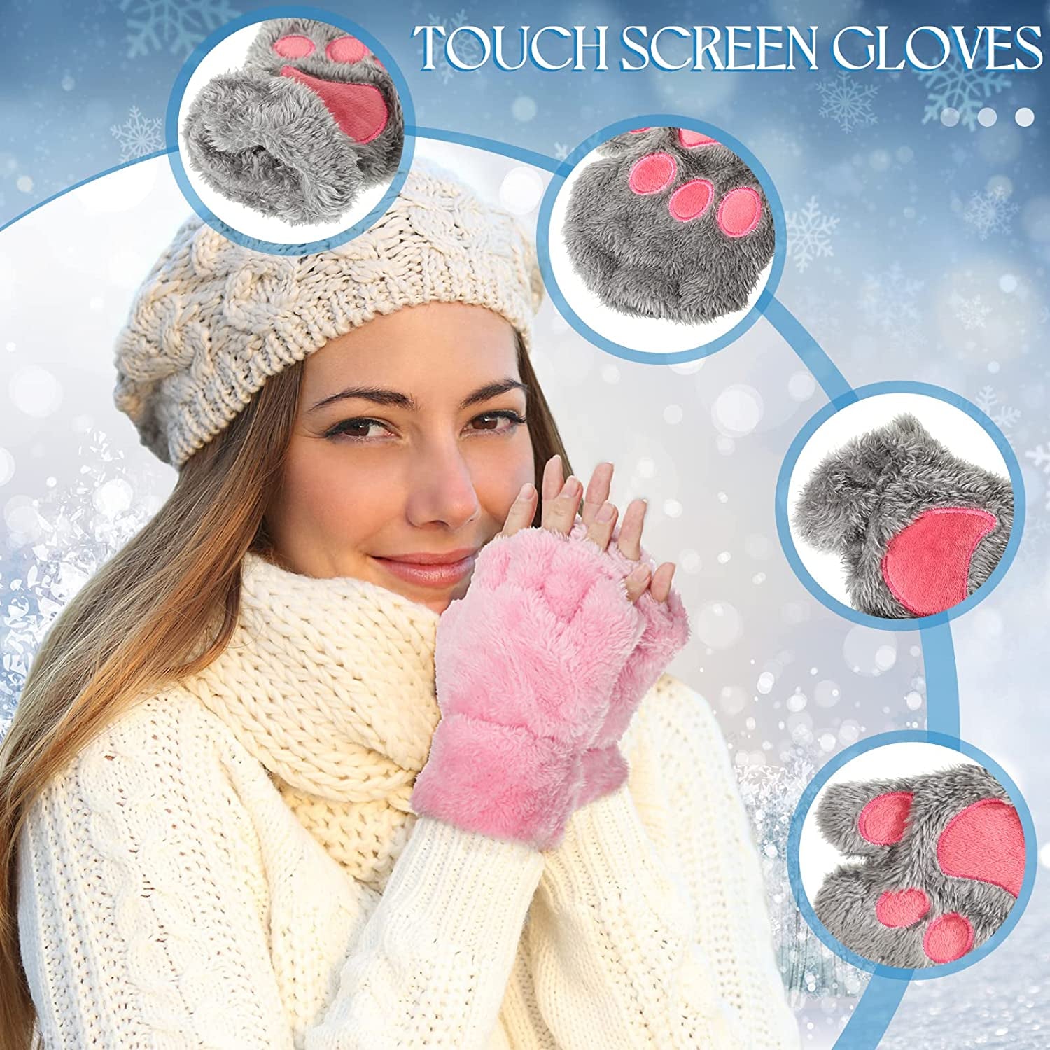 SATINIOR 6 Pairs Cat Paw Gloves Fingerless Faux Fur Plush Gloves Mittens Winter Warm Half Finger Gloves Cute Cat Paw Cosplay Gloves Fuzzy Plush Gloves for Women Girls (Black, Grey, Pink, Brown, Navy) Apparel & Accessories > Clothing Accessories > Gloves & Mittens SATINIOR