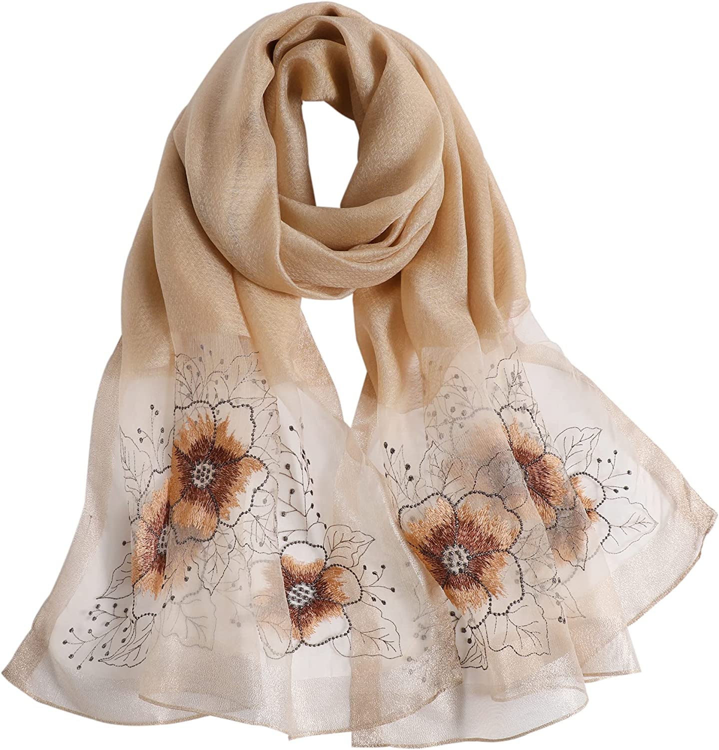 WINCESS YU Women Mulberry Silk Scarf Long & Large Embroidered Floral Pattern Shawl and Wraps Neckerchief for Hair & Neck Apparel & Accessories > Clothing Accessories > Scarves & Shawls WINCESS.YU Sunflower Camel