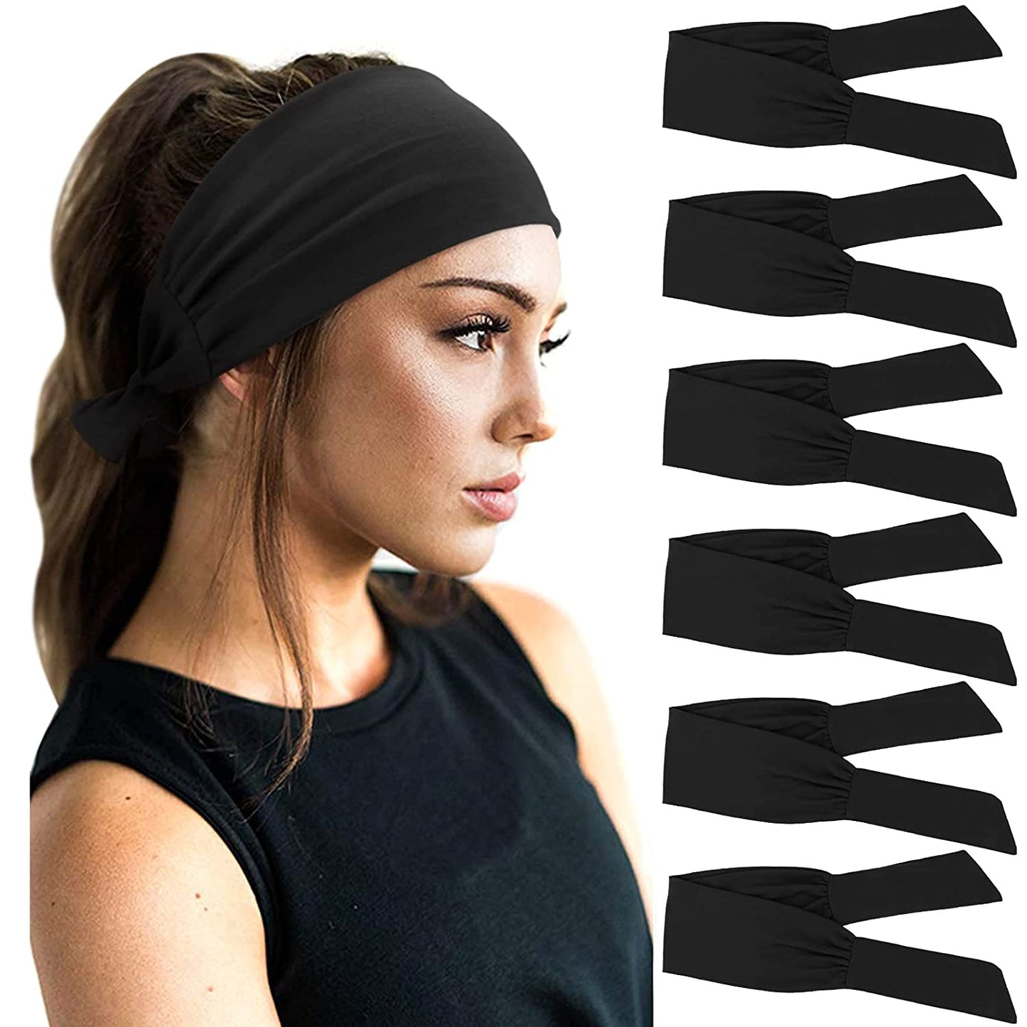 DRESHOW 6 PCS Adjustable Headbands for Women Knotted Headbands Cotton Elastic Non-Slip Fashion Hair Bands for Workout Sports Running Yoga Apparel & Accessories > Clothing Accessories > Bandanas & Headties DRESHOW 6 Pack O: Plain Black