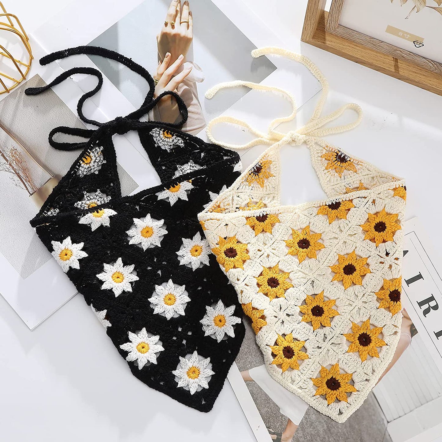 Floral Crochet Hair Bandanas Headscarf- HAIMEIKANG 2 PCS Women Hair Scarf Daisy Headband Vintage Head Kerchief for Girls Apparel & Accessories > Clothing Accessories > Bandanas & Headties HAIMEIKANG