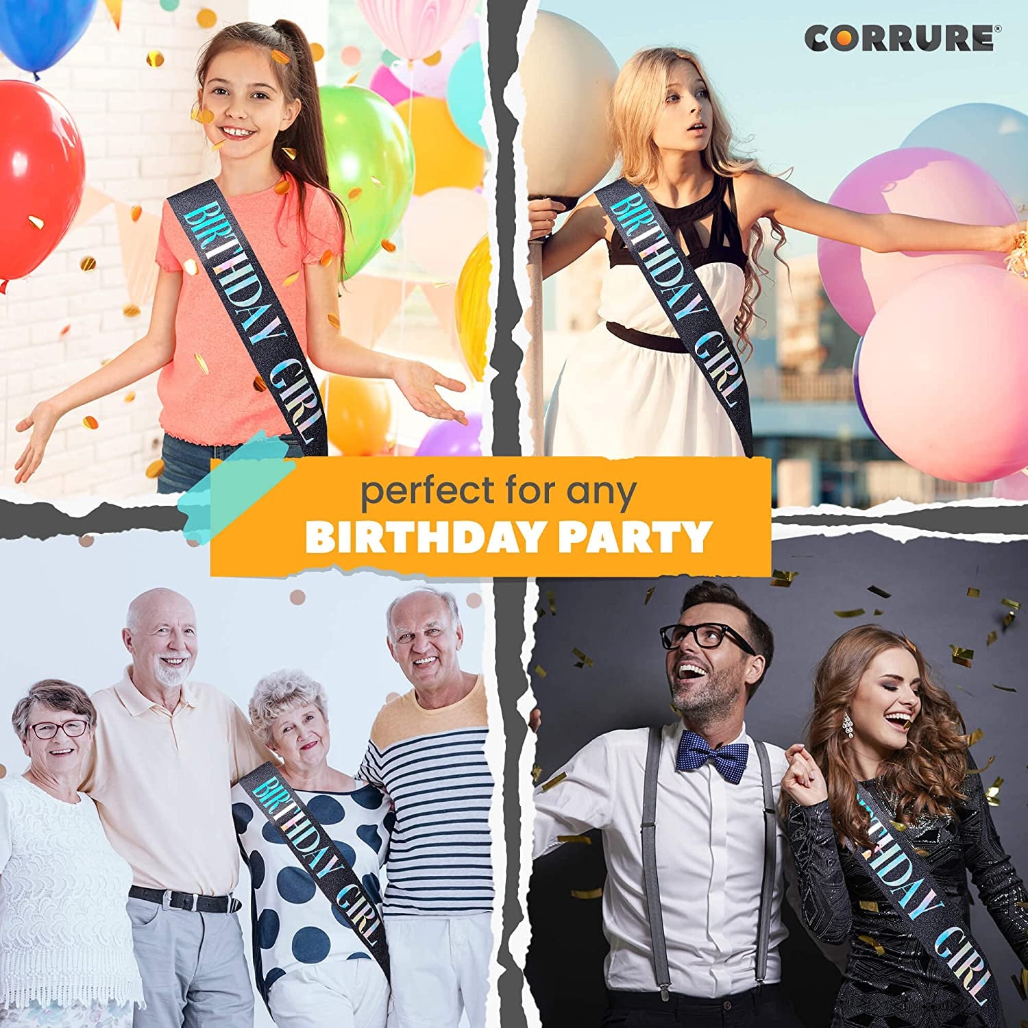 CORRURE 'Birthday Girl' Sash Glitter with Multicolor Foil - Black Glitter Happy Birthday Sash for Women - Party Favors Supplies and Decorations for Sweet 16, 18Th 21St 30Th 40Th or Any Bday Party Apparel & Accessories > Clothing Accessories > Sashes CORRURE