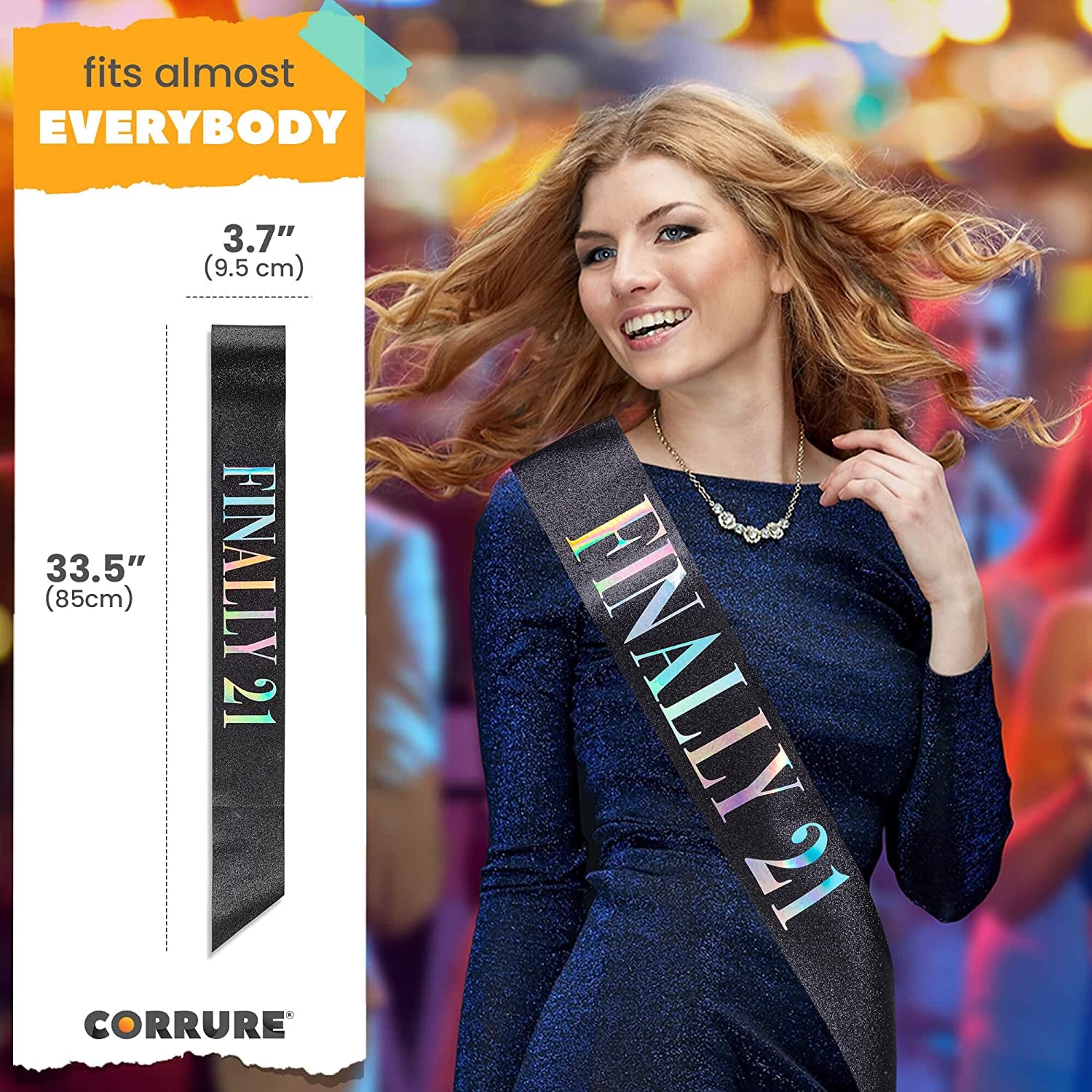 CORRURE 'Finally 21' Birthday Sash with Glitter -Black Sash with Multicolor Foil 21St Birthday Sash for Men and Women-Ideal Twenty One Sash Party Favors Supplies and Decorations for Your 21 Bday Party Apparel & Accessories > Clothing Accessories > Sashes CORRURE