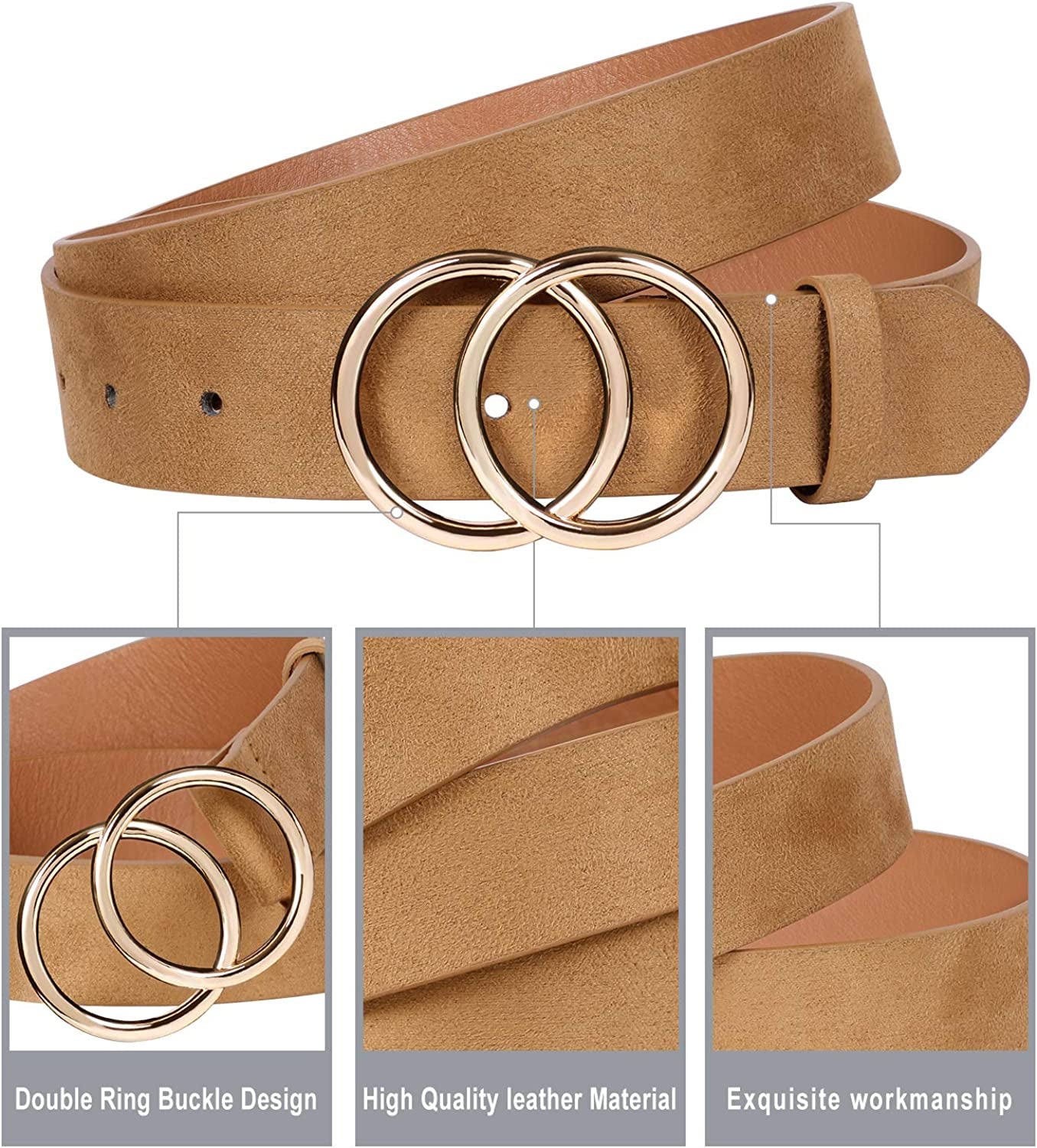 JASGOOD 3 Pack Women Leather Belt for Jeans Pants, Ladies Waist Belts with Double O-Ring Buckle Apparel & Accessories > Clothing Accessories > Belts KYLIE MAX