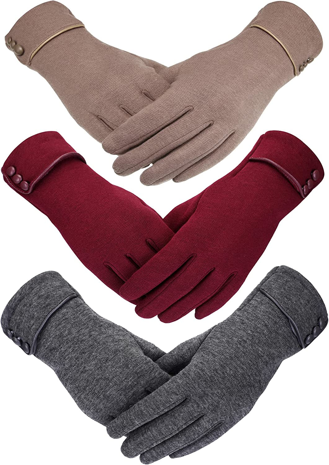 Patelai 3 Pairs Women Winter Gloves Warm Touchscreen Gloves Windproof Gloves for Women Girls Winter Using Apparel & Accessories > Clothing Accessories > Gloves & Mittens Patelai Wine Red, Gray, Khaki