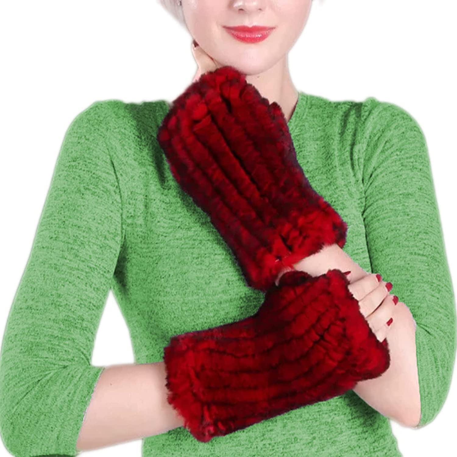 Forssils Real Rabbit Fur Gloves for Women Winter Furry Gloves Mittens Gloves Knitted Fingerless Gloves Apparel & Accessories > Clothing Accessories > Gloves & Mittens Forssils Red