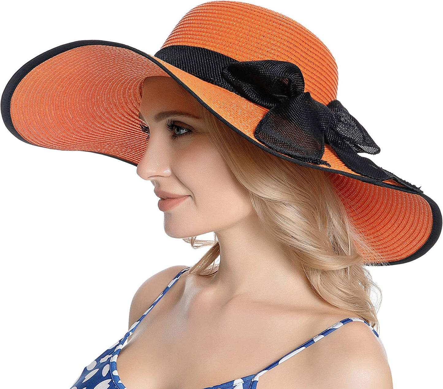 Muryobao Womens Sun Straw Hat Wide Brim UV UPF 50 Summer Hat Foldable Roll up Floppy Beach Cap for Women Apparel & Accessories > Clothing Accessories > Hats Muryobao Orange