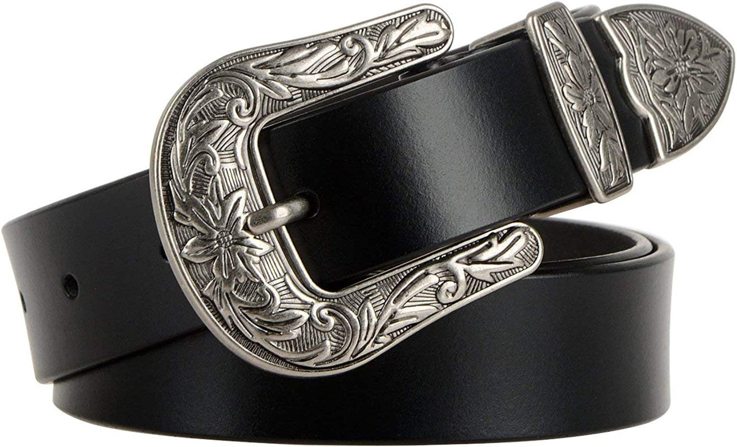 Women Leather Belts Ladies Vintage Western Design Black Waist Belt for Pants Jeans Dresses Apparel & Accessories > Clothing Accessories > Belts KYLIE MAX A-black Suit Waist Size 43"-46"