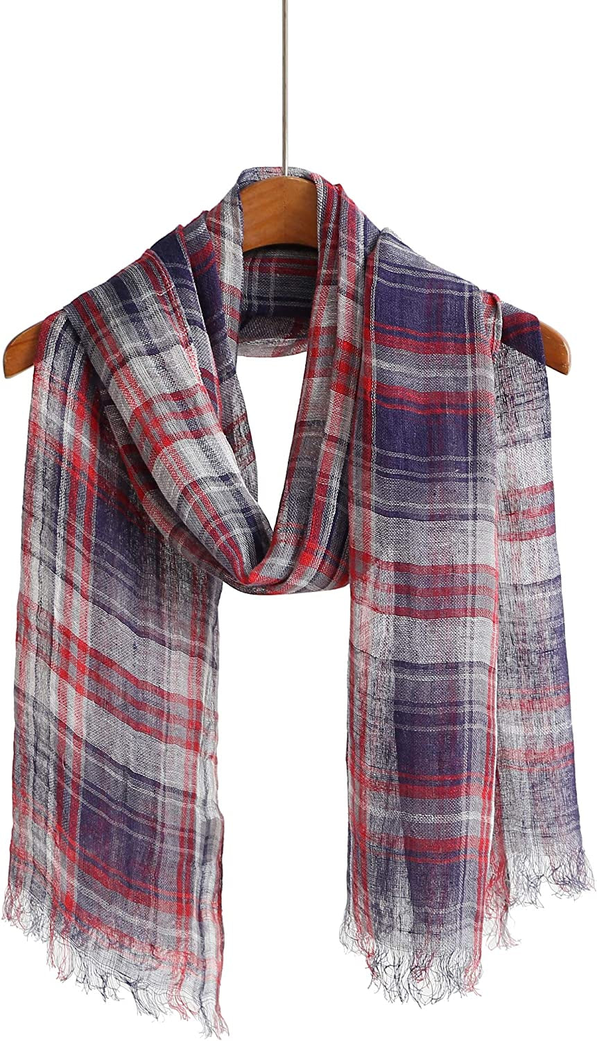 Jeelow Lightweight Summer Scarf Light Shawl Wrap Linen Feel Scarves for Men and Women Apparel & Accessories > Clothing Accessories > Scarves & Shawls Jeelow Linen Blue Red Plaid