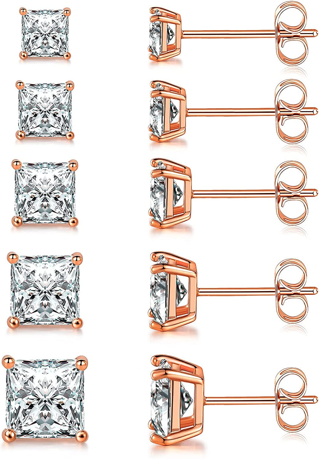 MDFUN 18K White Gold Plated Princess Cut Clear Cubic Zirconia Stud Earring Pack of 5 Pairs Apparel & Accessories > Jewelry > Earrings MDFUN C-Rose Gold Plated