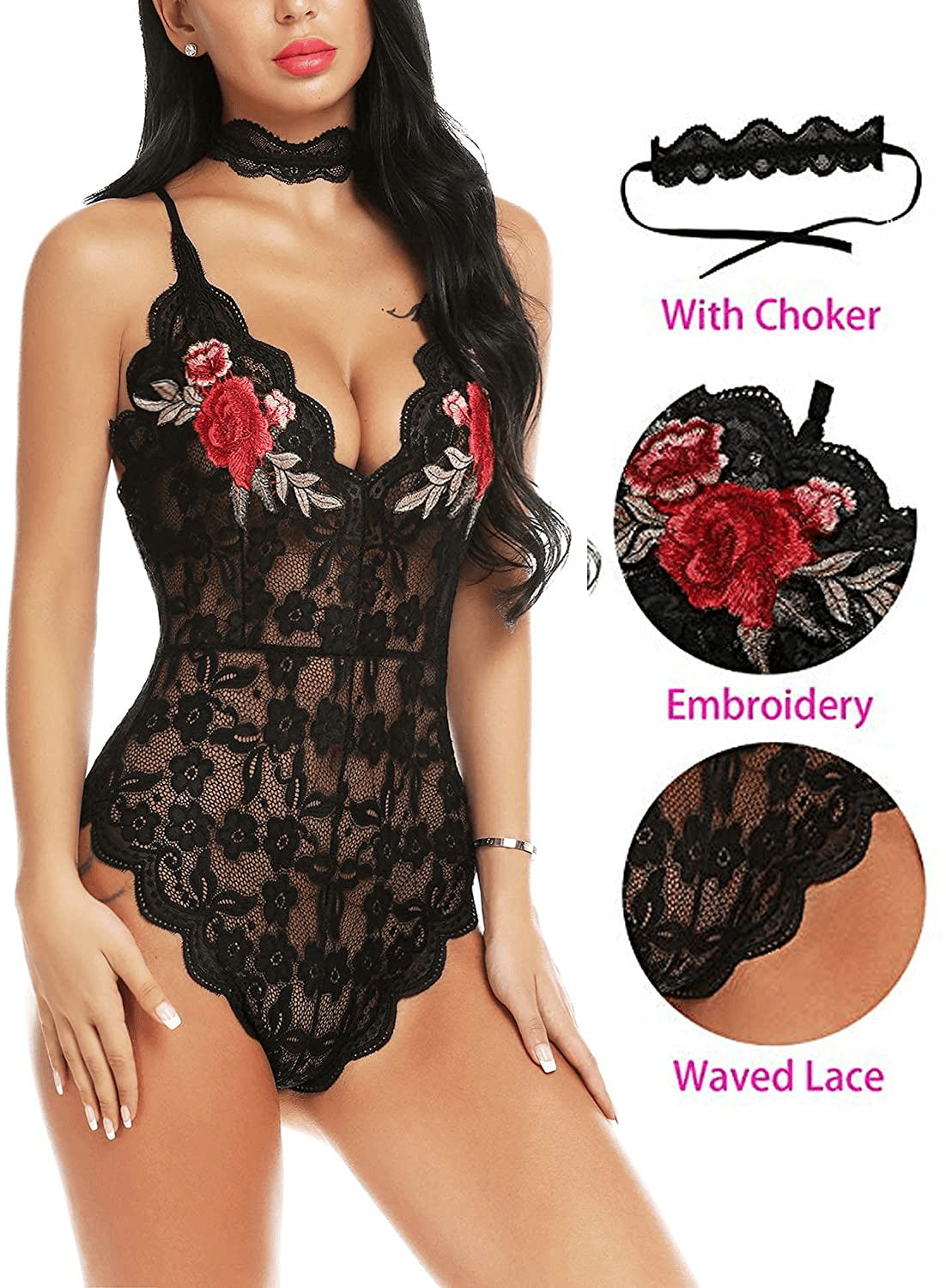 ADOME Lingerie For Women Lingerie Bodysuit Embroidered Lace Teddy with Choker One Piece Babydoll Apparel & Accessories > Clothing > Underwear & Socks > Lingerie ADOME