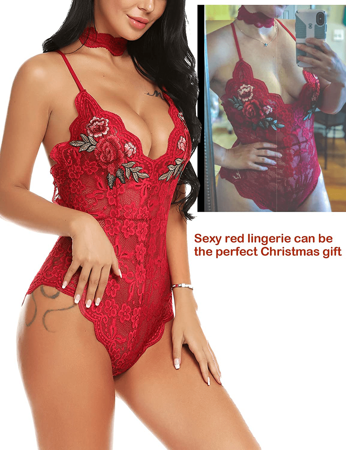 ADOME Lingerie For Women Lingerie Bodysuit Embroidered Lace Teddy with Choker One Piece Babydoll Apparel & Accessories > Clothing > Underwear & Socks > Lingerie ADOME