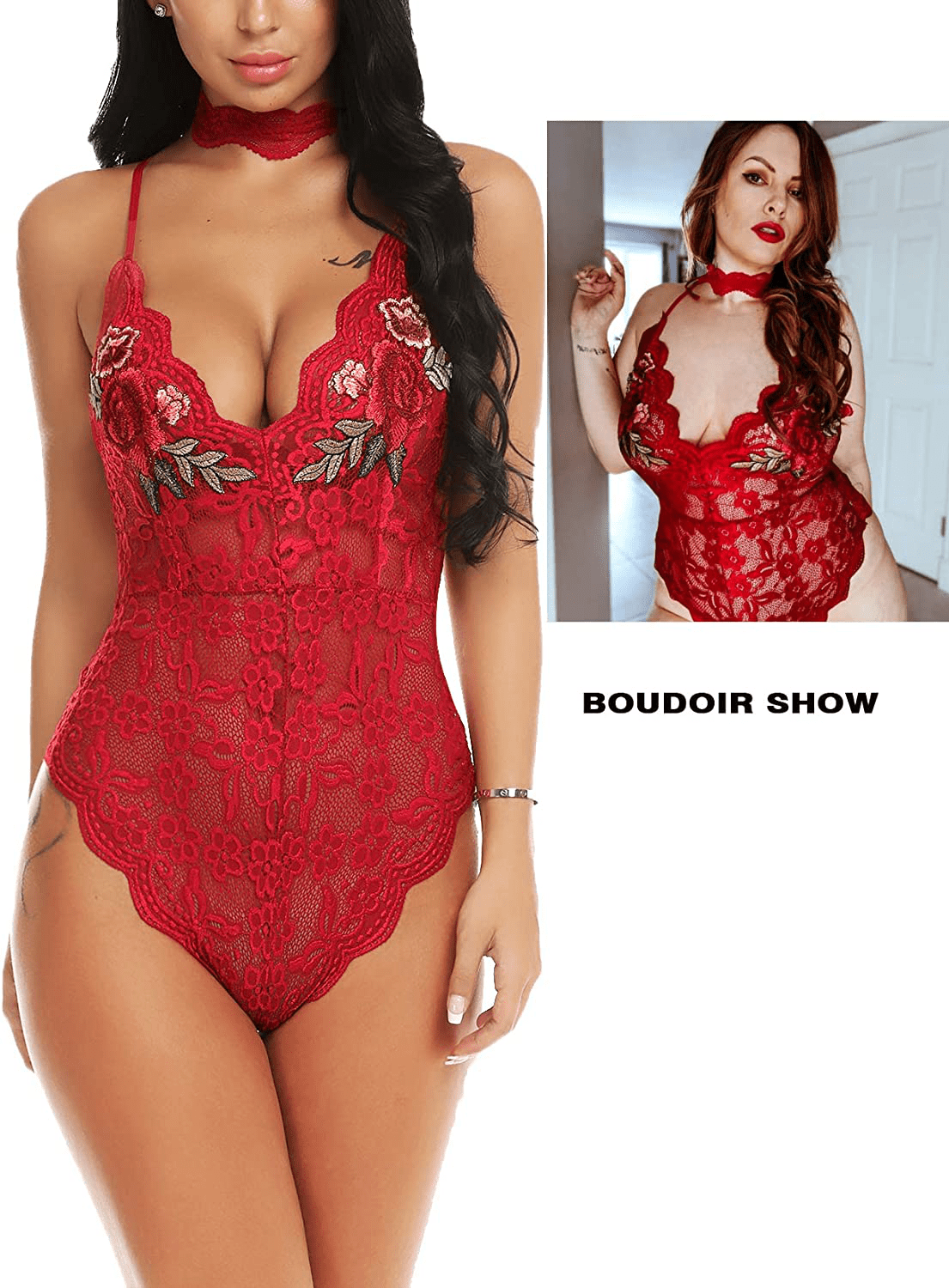 ADOME Lingerie For Women Lingerie Bodysuit Embroidered Lace Teddy with Choker One Piece Babydoll Apparel & Accessories > Clothing > Underwear & Socks > Lingerie ADOME