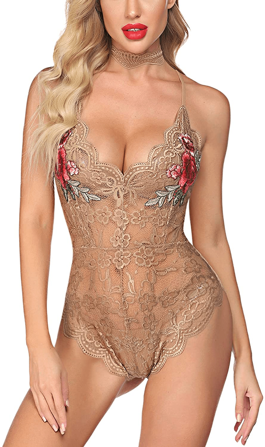 ADOME Lingerie For Women Lingerie Bodysuit Embroidered Lace Teddy with Choker One Piece Babydoll Apparel & Accessories > Clothing > Underwear & Socks > Lingerie ADOME Skin XX-Large