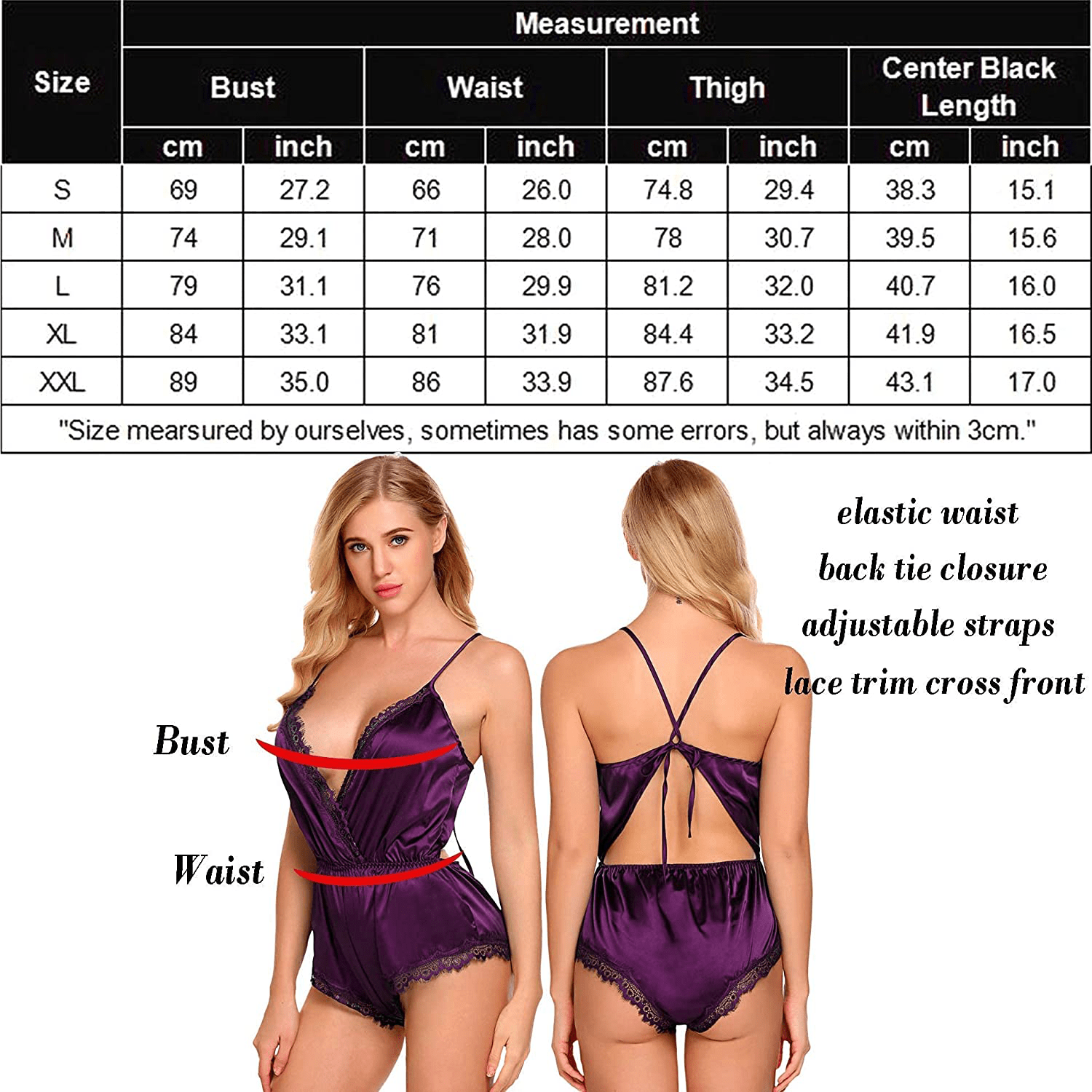 ADOME Women Lingerie Bodysuit V Neck Teddy Lace Babydoll Satin Pajamas Nightwear Apparel & Accessories > Clothing > Underwear & Socks > Lingerie ADOME