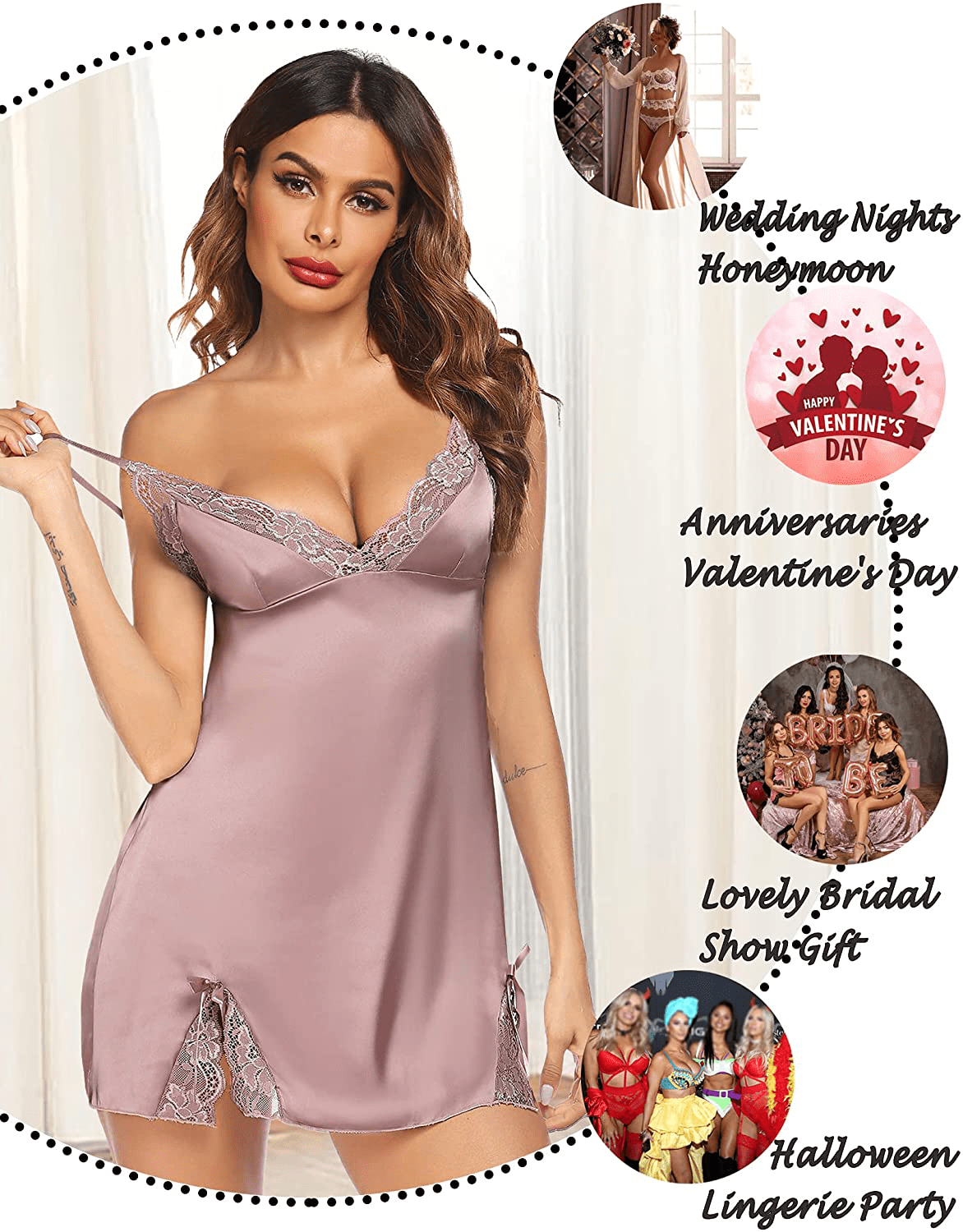 ADOME Women Lingerie Lace Chemise Nightgown Satin Babydoll Nightwear Silk Slip Dress Apparel & Accessories > Clothing > Underwear & Socks > Lingerie Kylie Max