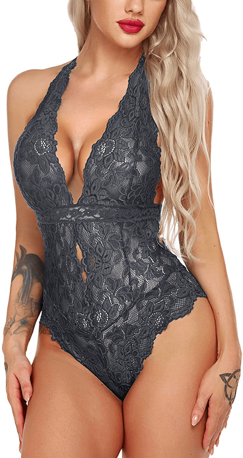 ADOME Women One Piece Lingerie Snap Crotch Bodysuit Lingerie Lace Teddy Apparel & Accessories > Clothing > Underwear & Socks > Lingerie ADOME Grey Small