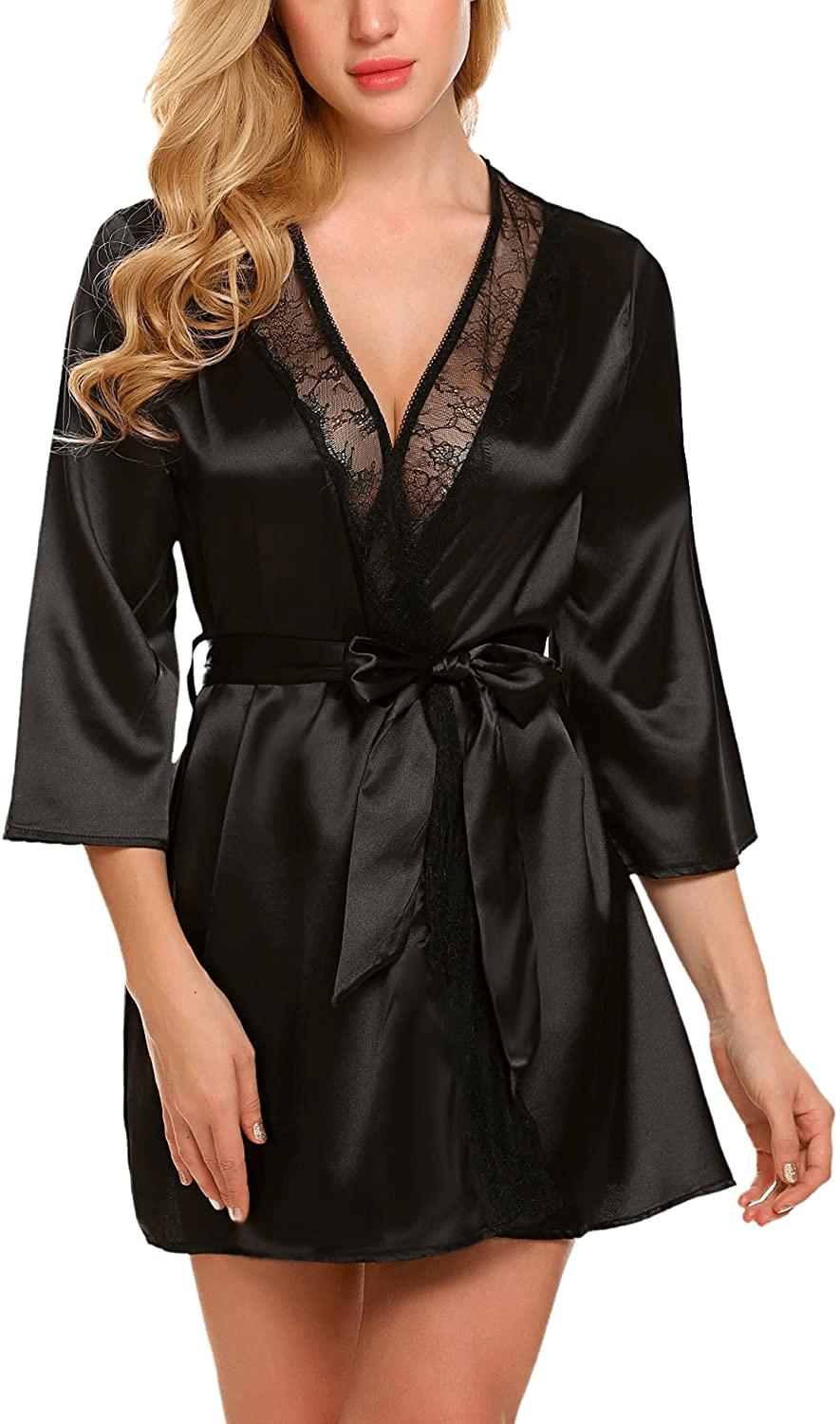 ADOME Women Short Satin Kimono Robe Lingerie Nightgown Sleepwear Silk Bathrobe Pure Color Apparel & Accessories > Clothing > Sleepwear & Loungewear > Robes ADOME